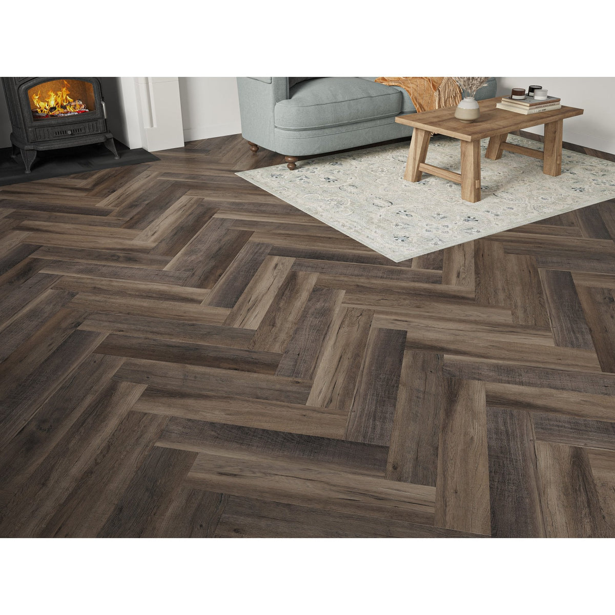 Farmhouse Brown Black Oak 6.5mm Herringbone SPC Click LVT inc 1mm Underlay