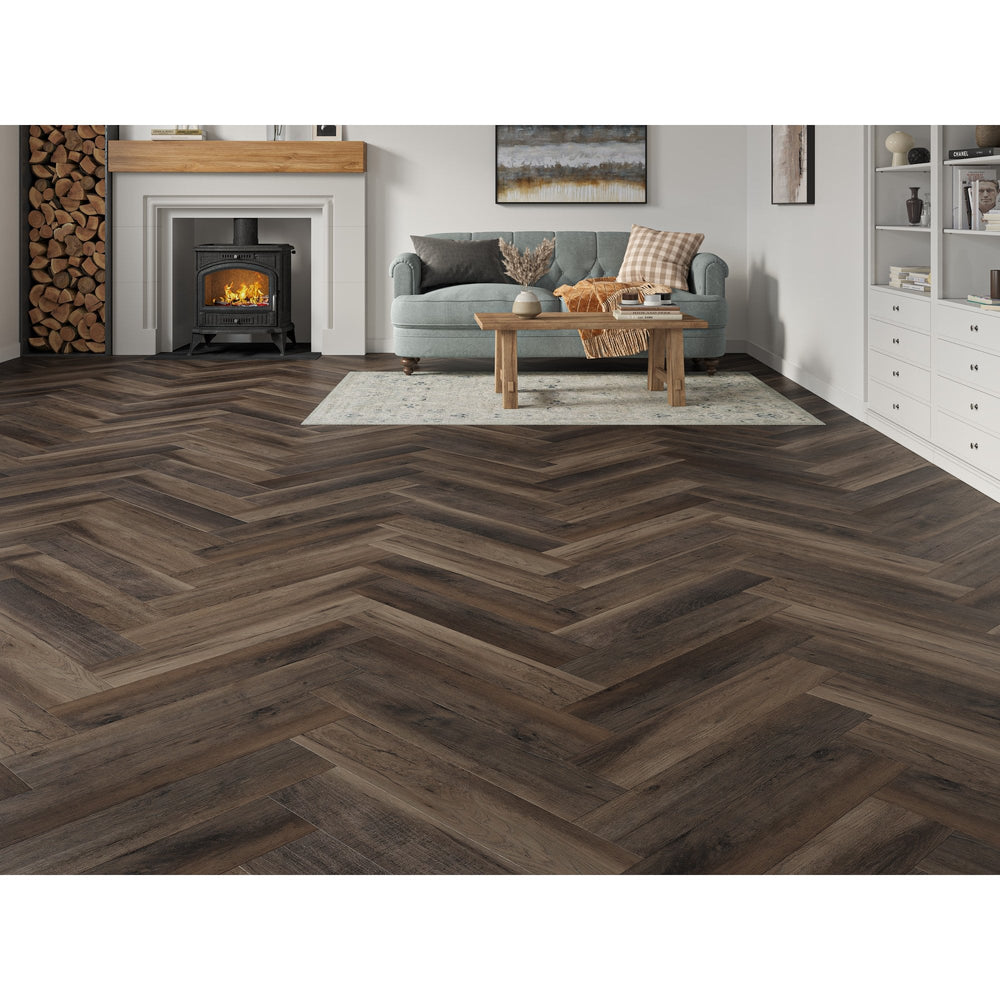 Farmhouse Brown Black Oak 6.5mm Herringbone SPC Click LVT inc 1mm Underlay