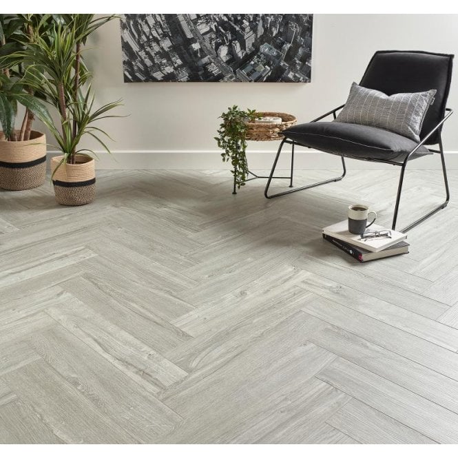 CLICKIT Delta Light Grey Oak Herringbone 6mm SPC Click Vinyl 125x610mm (inc. 1mm Underlay)