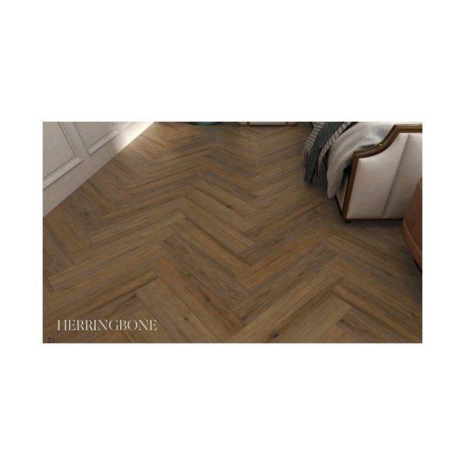 RIGID CORE RUSTIC DARK OAK 6.5MM HERRINGBONE SPC CLICK LVT INC 1.5MM UNDERLAY